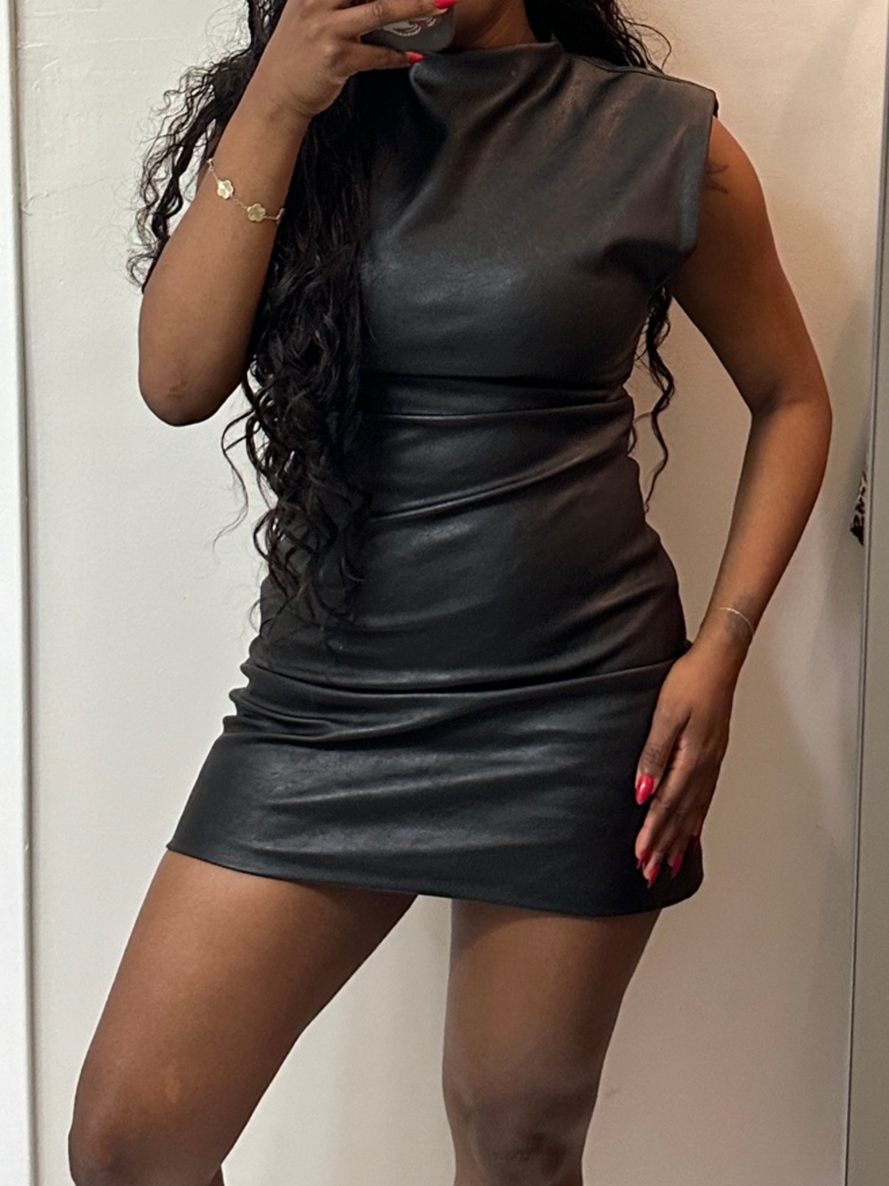Zara Black Faux Leather Mini Dress with Padded Shoulders - Picture 6 of 10